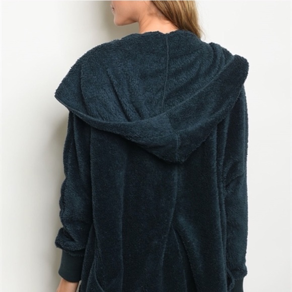 LAST ONE! Fuzzy Sherpa Hooded Cardigan Dark Teal - Picture 3 of 4